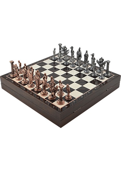 Gifthome Büyük Boy Metal Ingiliz Satranç Takımı Antik ve Ceviz Desenli Sandıklı Mdf TAHTASI(36X36X6 Cm.)