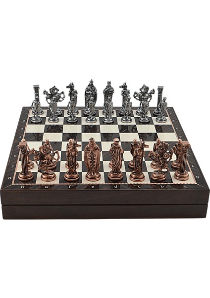 Gifthome Büyük Boy Metal Ingiliz Satranç Takımı Antik ve Ceviz Desenli Sandıklı Mdf TAHTASI(36X36X6 Cm.)