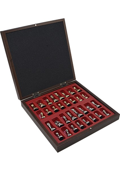 Gifthome Büyük Boy Metal Ingiliz Satranç Takımı Antik ve Ceviz Desenli Sandıklı Mdf TAHTASI(36X36X6 Cm.)