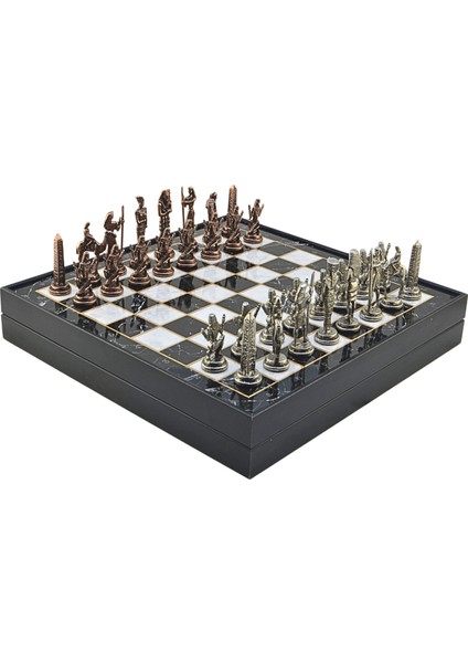 Gifthome Metal Mısır Satranç Takımı Antik ve Mermer Desenli Mdf Sandıklı Satranç Tahtası (36X36X6 Cm.)