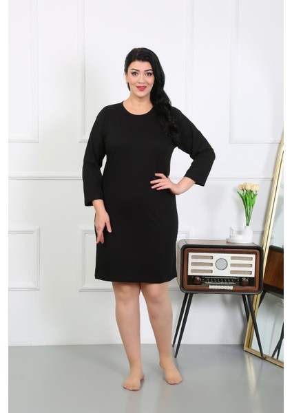 Kadın Büyük Beden Penye Gecelik Ev Elbisesi Siyah 12506