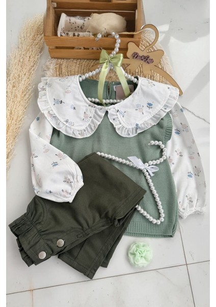 (2-9 Yaş) Bebe Yakalı Triko Kız Çocuk 2 Takım - Yeşil