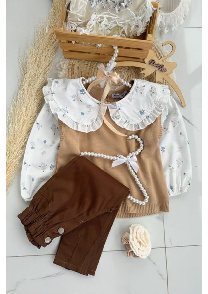 (2-9 Yaş) Bebe Yakalı Triko Kız Çocuk 2 Takım - Kahve