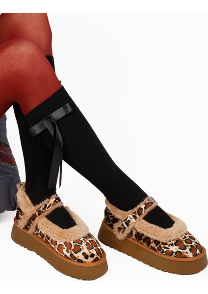 Kadın Kalın Tabanlı Içi Kürklü Peluş Babet Ayakkabı