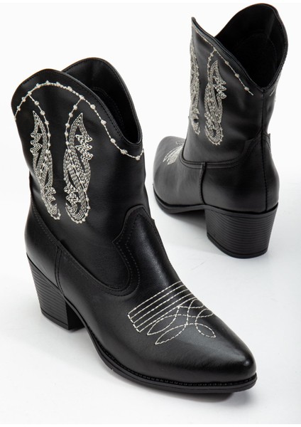 Şewol Kadın Siyah Cilt Termo Taban Nakışlı Western Kovboy Bot