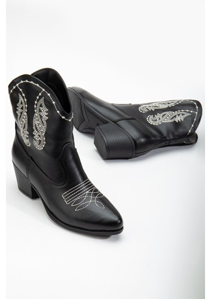 Şewol Kadın Siyah Cilt Termo Taban Nakışlı Western Kovboy Bot fiyatları
