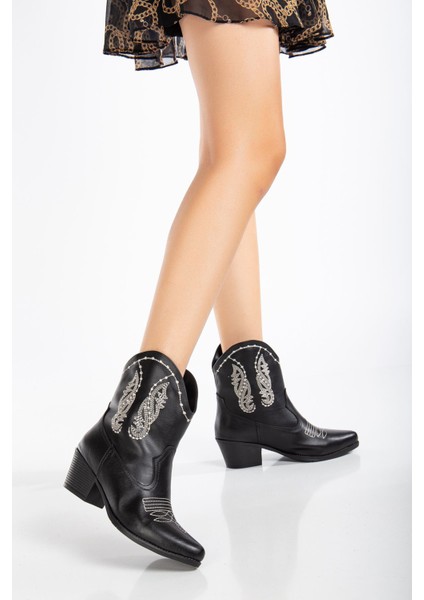Şewol Kadın Siyah Cilt Termo Taban Nakışlı Western Kovboy Bot modelleri