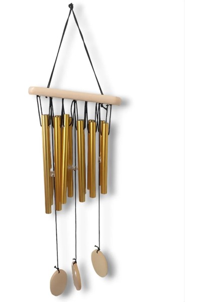 Gold Metal Çubuklu Ahşap Rüzgar Çanı Kapı Bahçe Balkon Teras Süsü