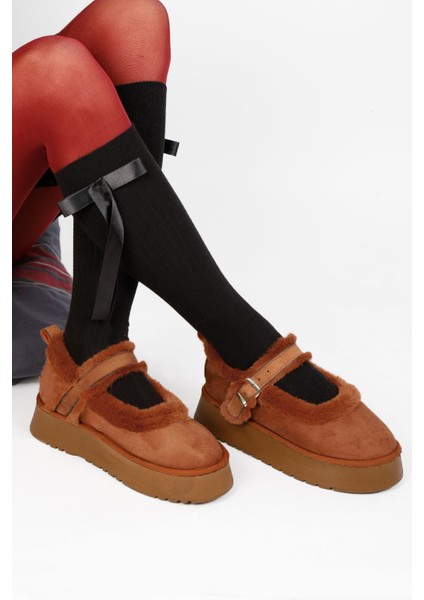 Kadın Kalın Tabanlı Içi Kürklü Peluş Babet Ayakkabı