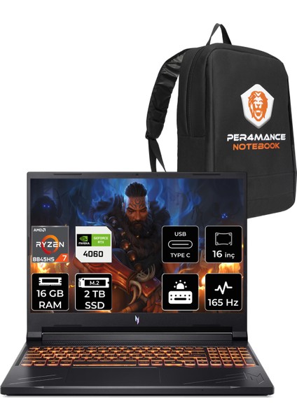 Nitro V 16 Amd Ryzen 7 8845HS 16GB 2tb SSD RTX4060/8GB 85W 16" Fhd+ 165Hz Fdos Taşınabilir Bilgisayar & Per4 Çanta NHQRUEY003P309