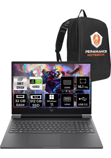 Hp Victus 16 Intel Core I7 13700H 32GB 512GB SSD RTX4060/8GB 16.1" Fhd 144Hz W11H Taşınabilir Bilgisayar & Per4 Çanta 8B5Y3EAPN357