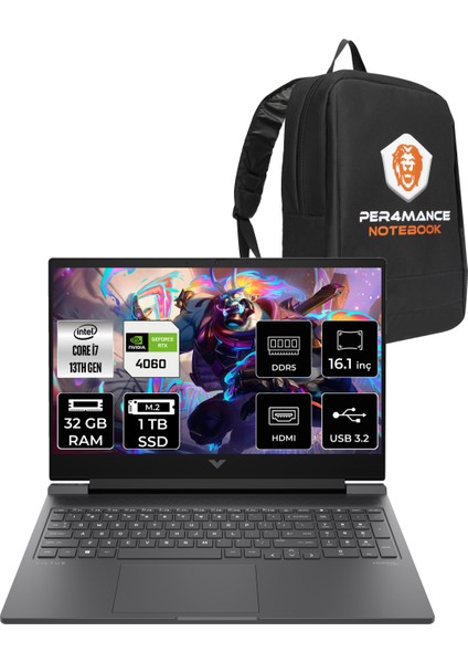 Victus 16 Intel Core I7 13700H 32GB 1tb SSD RTX4060/8GB 16.1" Fhd 144Hz Fdos Taşınabilir Bilgisayar & Per4 Çanta 8B5Y3EAPN318