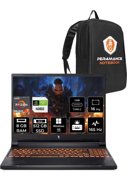 Nitro V 16 Amd Ryzen 7 8845HS 8gb 512GB SSD RTX4060/8GB 85W 16" Fhd+ 165Hz W11P Taşınabilir Bilgisayar & Per4 Çanta NHQRUEY003P382