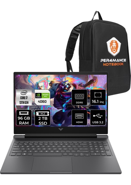 Victus 16 Intel Core I7 13700H 96GB 2tb SSD RTX4060/8GB 16.1" Fhd 144Hz Fdos Taşınabilir Bilgisayar & Per4 Çanta 8B5Y3EAPN339