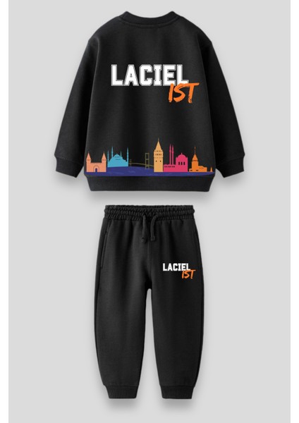 Siyah Istanbul Desenli Kışlık Pamuklu Sweatshirt Eşofman Alt-Üst Takım Unisex