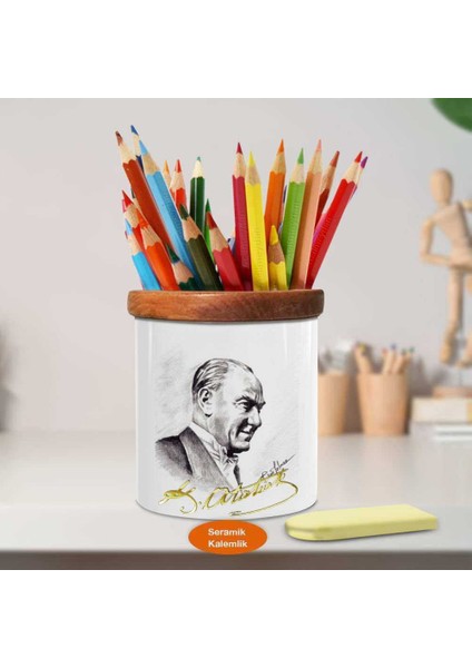 Karakalem Çizim Mustafa Kemal Ahşap Seramik Kalemlik - P3-Aid,58 fiyatları