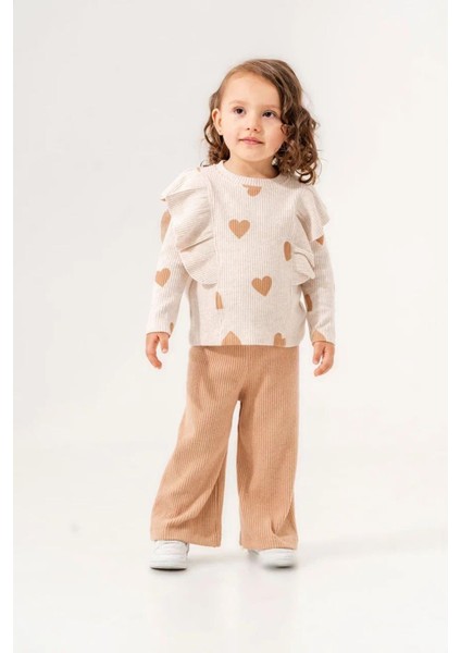 (2-5 Yaş) Kalp Desenli Kaşkorse Kışlık Kız çocuk takım - Taba