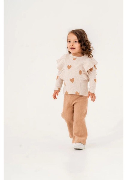 (2-5 Yaş) Kalp Desenli Kaşkorse Kışlık Kız çocuk takım - Taba fiyatları