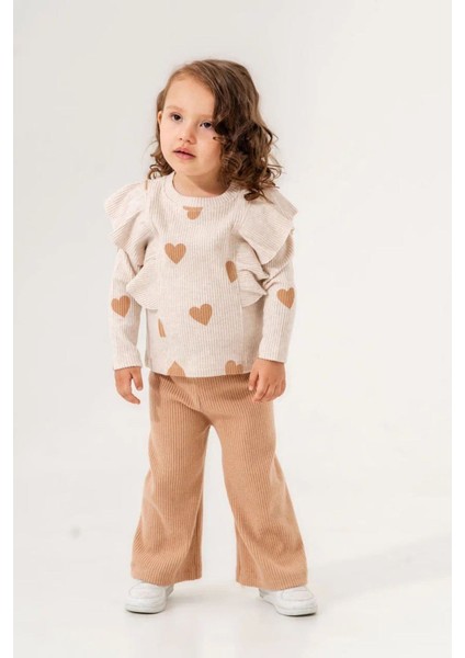 (2-5 Yaş) Kalp Desenli Kaşkorse Kışlık Kız çocuk takım - Taba modelleri