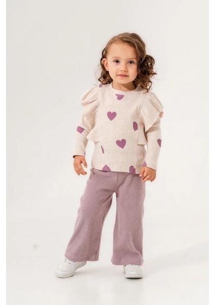 (2-5 Yaş) Kalp Desenli Kaşkorse Kışlık Kız çocuk takım - Eflatun