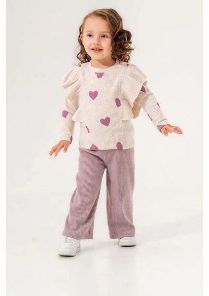 (2-5 Yaş) Kalp Desenli Kaşkorse Kışlık Kız çocuk takım - Eflatun fiyatları