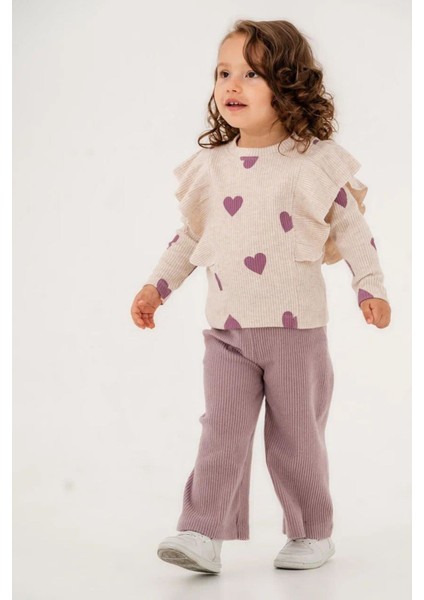 (2-5 Yaş) Kalp Desenli Kaşkorse Kışlık Kız çocuk takım - Eflatun modelleri