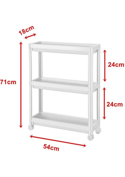 3 Katlı Tekerlekli Slim Raf Ünitesi Beyaz