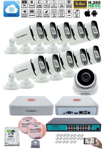 Ip Güvenlik Kamera Seti - 1 Iç Mekan Ip Kamera, 10 dış Mekan Ip Kamera, 2tb H.d.d, 16 kanal Nvr, Gece Görüş, Uzaktan Izleme, Hareket Tabiki, Insan Tes