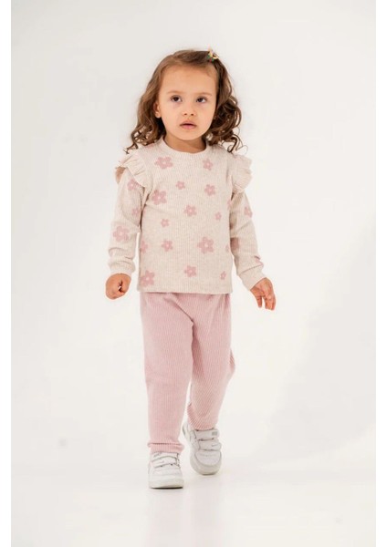(2-5 Yaş) Çiçek Desenli Kaşkorse Kışlık Kız çocuk takım - Pembe