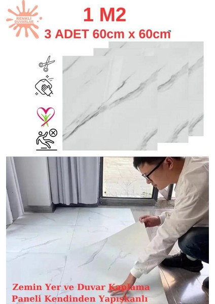1 m2 3 Adet 60 x 60 cm Floor Yapışkanlı Zemin ve Duvar Kaplama Paneli - Arkası Kauçuklu Pvc 605