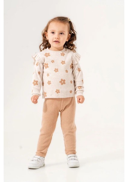 (2-5 Yaş) Çiçek Desenli Kaşkorse Kışlık Kız çocuk takım - Taba