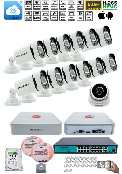 Ip Güvenlik Kamera Seti - 1 Iç Mekan Ip Kamera, 12 dış Mekan Ip Kamera, 2tb H.d.d, 16 kanal Nvr, Gece Görüş, Uzaktan Izleme, Hareket Tabiki, Insan Tes