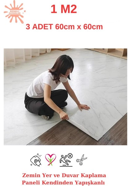 1 m2 3 Adet 60 x 60 cm Floor Yapışkanlı Zemin ve Duvar Kaplama Paneli - Arkası Kauçuklu Pvc 6216