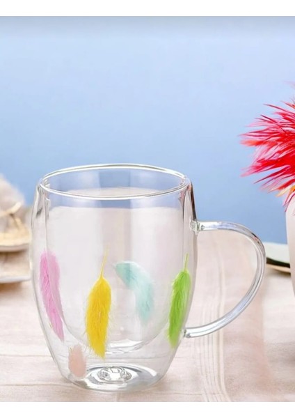 Çift Çidarlı Tüylü 250ML Çiçekli Bardak Isıya Dayanıklı Kulplu Cam Kupa Bardak