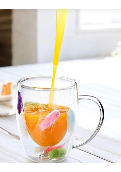 Çift Çidarlı Tüylü 250ML Çiçekli Bardak Isıya Dayanıklı Kulplu Cam Kupa Bardak