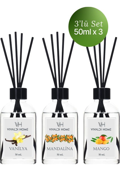 Vanilya, Mandalina, Mango Çubuklu Oda Kokusu Esansiyel Uçucu Yağ 50 ml x 3'lü Set