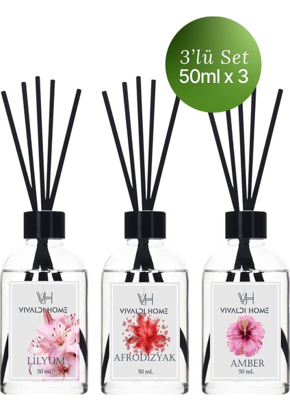 Lilyum, Afrodizyak, Amber Çubuklu Oda Kokusu Esansiyel Uçucu Yağ 50 ml x 3'lü Set