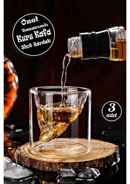 3'lü Kuru Kafa Viski Shot Bardağı Çift Cidarlı Bardak Skull Kristal Tasarım Kokteyl