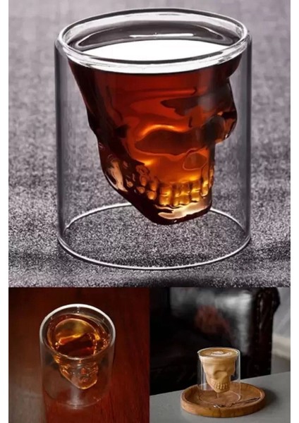 3'lü Kuru Kafa Viski Shot Bardağı Çift Cidarlı Bardak Skull Kristal Tasarım Kokteyl