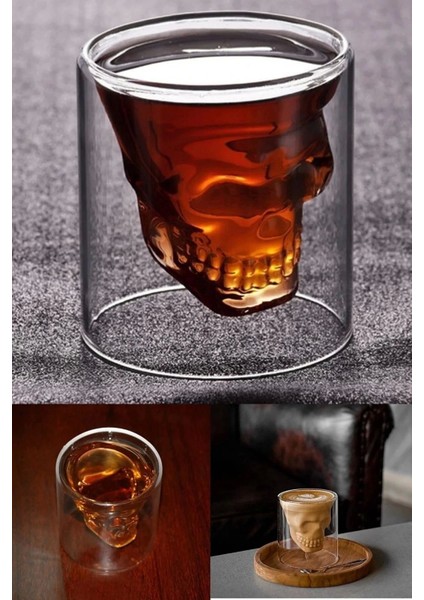 3'lü Kuru Kafa Viski Shot Bardağı Çift Cidarlı Bardak Skull Kristal Tasarım Kokteyl