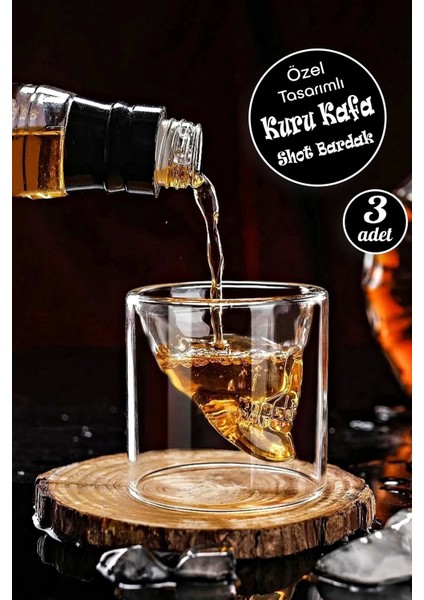 3'lü Kuru Kafa Viski Shot Bardağı Çift Cidarlı Bardak Kristal Skull Tasarım Kokteyl