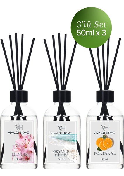 Vivaldi Home Lilyum, Okyanus Esintisi, Portakal Çubuklu Oda Kokusu Esansiyel Uçucu Yağ 50 ml x 3'lü Set