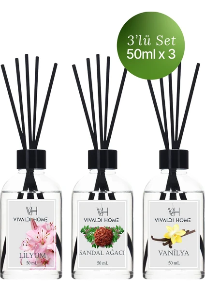 Vivaldi Home Lilyum, Sandal Ağacı, Vanilya Çubuklu Oda Kokusu Esansiyel Uçucu Yağ 50 ml x 3'lü Set