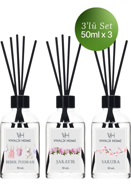 Bebek Pudrası, Şakayık, Sakura Çubuklu Oda Kokusu Esansiyel Uçucu Yağ 50 ml x 3'lü Set