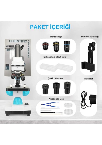 2000x Zoom Yüksek Çözünürlüklü Eğitim Mikroskobu HdDijital Monoküler Mikroskop Kiti Hassas Odaklama
