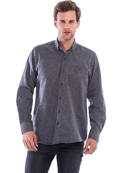 Erkek Antrasit Renk Geniş Kesim Cepli Düz Yünlü Kışlık Gömlek