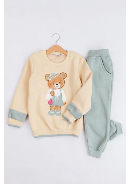 (3-7 Yaş) Ayıcık Aplike Işlemeli Kız Çocul 2 li takım - Yeşil