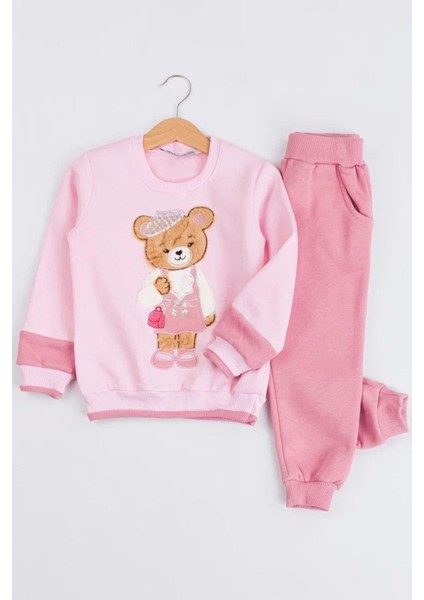 (3-7 Yaş) Ayıcık Aplike Işlemeli Kız Çocul 2 li takım - Pembe