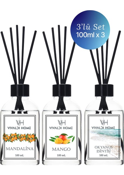 Mandalina, Mango, Okyonus Esintisi Loveçubuklu Oda Kokusu Esansiyel Uçucu Yağ 100 ml x 3'lü Set