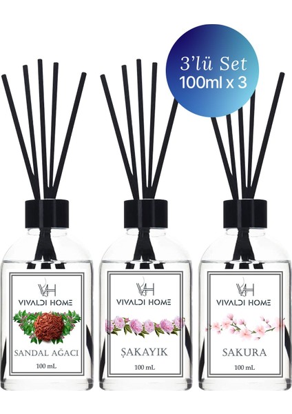 Sandal Ağacı, Şakayık, Sakura Çubuklu Oda Kokusu Esansiyel Uçucu Yağ 100 ml x 3'lü Set